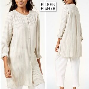 Eileen Fisher Painterly Striped Silk Long Tunic Shirt Button Down Blouse XS